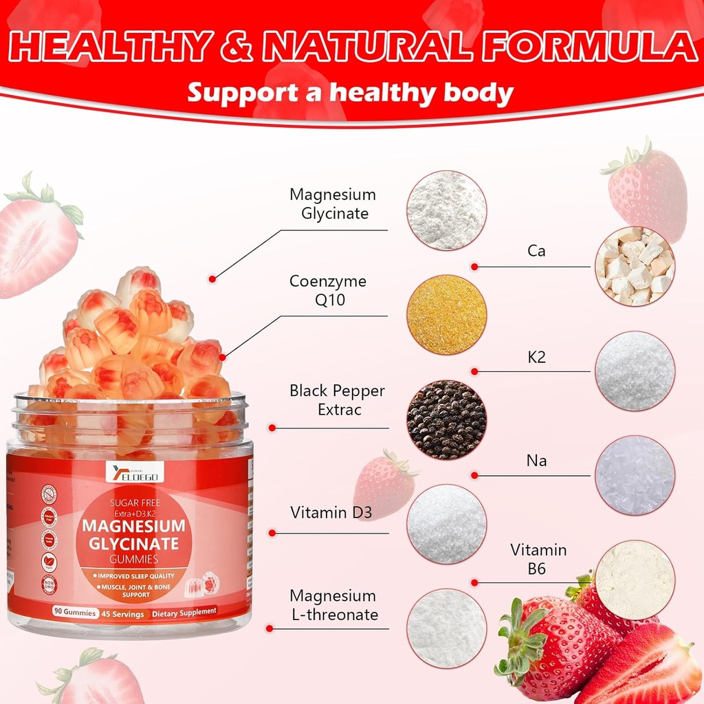 Magnesium Glycinat Gummies 600 mg til voksne, sukker fri Magnesium Kalium tillæg med Magnesiummalat, vitamin D3, K2, B6, og CoQ10 til ro, søvn, Muskelstøtte - Jordbær, 90 Greve