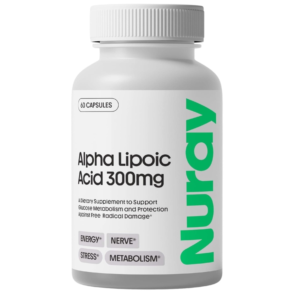 Nuray Alpha Lipoic Acid 300mg - Antioxidant Supplement for sund aldring, Understøtter energiproduktion, Korrekt nerve funktion, Metabolisme - 60 Vegetariske kapsler, Gluten- Free Dietary Supplement