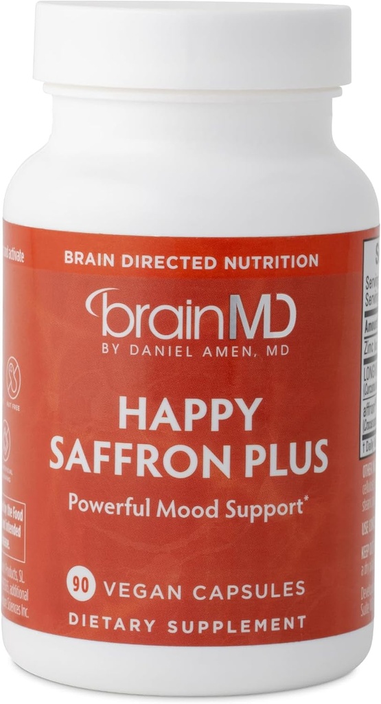 Dr Amen BrainMD Happy Saffron Plus - 90 Capsules, Pack of 2 - With Saffron Flower Extract, Curcumin & Zinc - Vegan, Gluten Free - 60 Total Servings