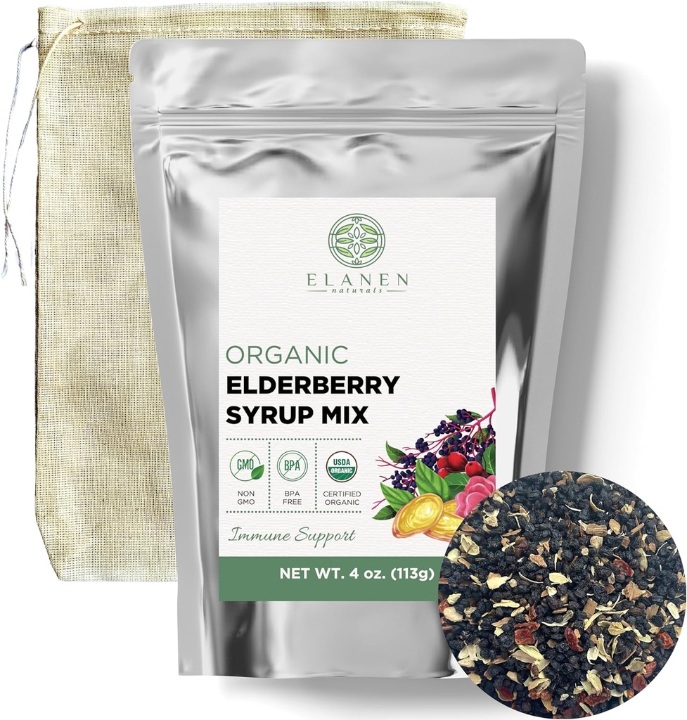 Elanen Naturals Organic Elderberry Syrup Kit, Makes up to 24 oz, Includes Natural Cotton Brew Bag, USDA Certified Organic Dried Elderberries and Immune Support Herbs, Bulk Kit, 4 oz. (113g)