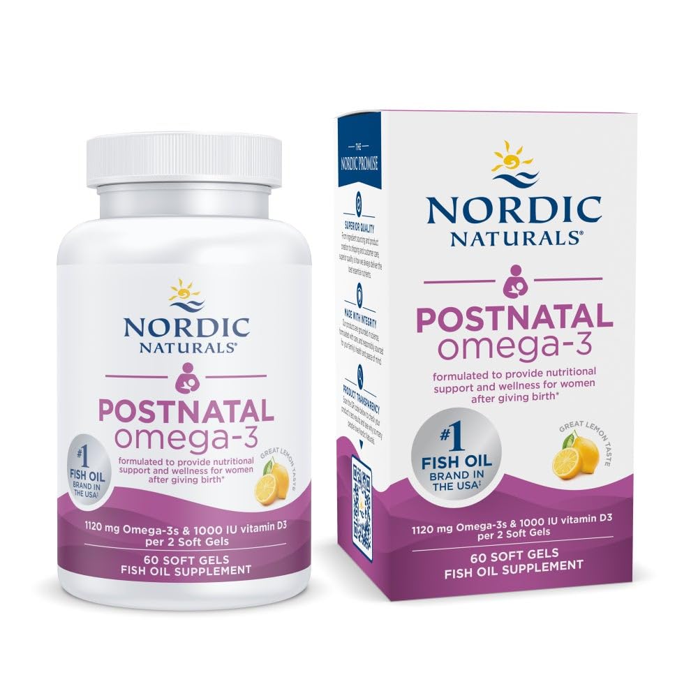 Nordic Naturals Postnatal Omega-3, Lemon - 60 Soft Gels - 1120 Total Omega-3 + 1000 IE D3- vitamin formuleret til nye mødre; understøtter optimal wellness, positiv mood, sund stofskifte - 30 Servere