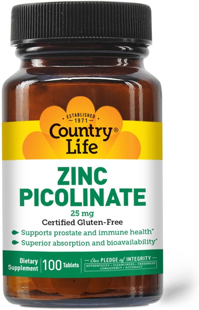 Country Life Zink Picolinate 25 mg - Superior Absorption Zink supplement til immunforsvar, prostata sundhed & cellular wellness - Certified Gluten- Free, Vegan & Halal, Non- GMO - 100 Tabletter