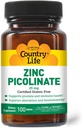 Country Life Zink Picolinate 25 mg - Superior Absorption Zink supplement til immunforsvar, prostata sundhed & cellular wellness - Certified Gluten- Free, Vegan & Halal, Non- GMO - 100 Tabletter