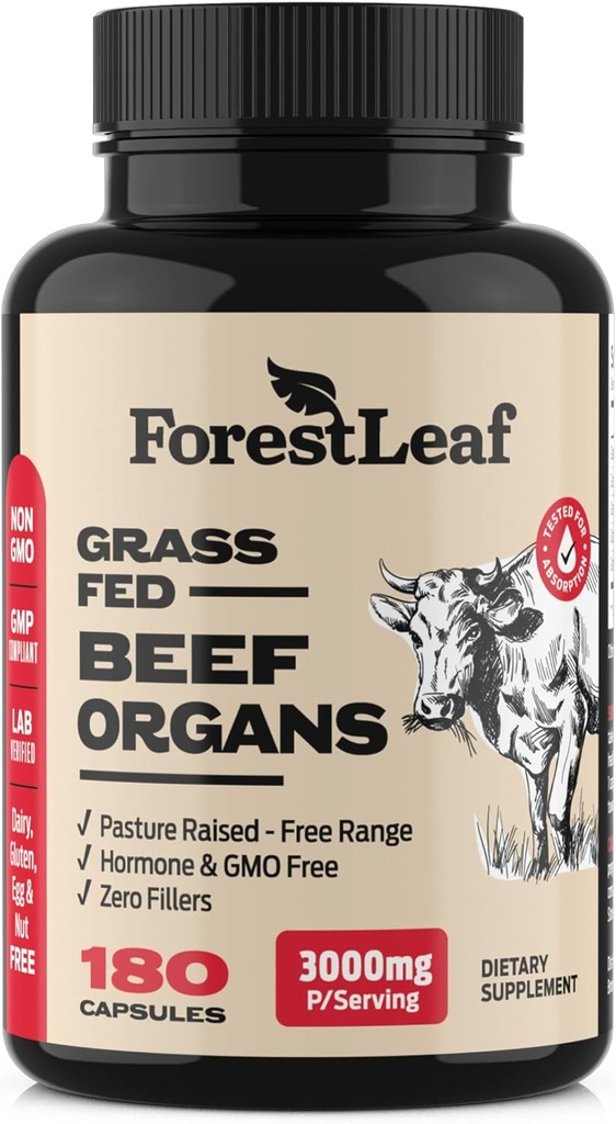 ForestLeaf Beef orgel supplement - Græs Fed & Pasture rejst - Total Body Wellness & Performance, orgel Complex med 3000mg af desickeret oksekød lever, hjerte, Nyre, Pancreas, milt (180 kapsler)