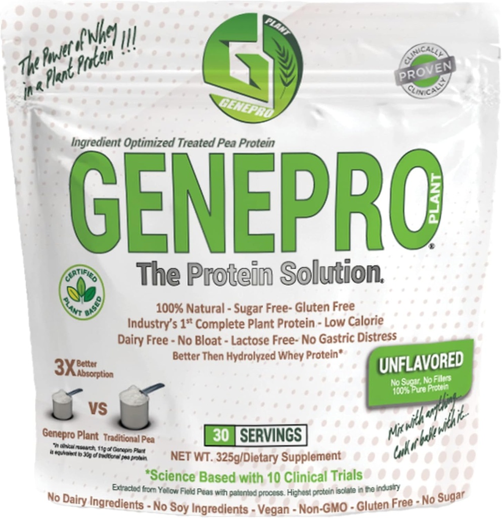 Genepro Unflavored Plant Based Protein Powder - Lactose- Free, Gluten- Free, & Non- GMO Pea Protein Supplement Shake (30 Servere)