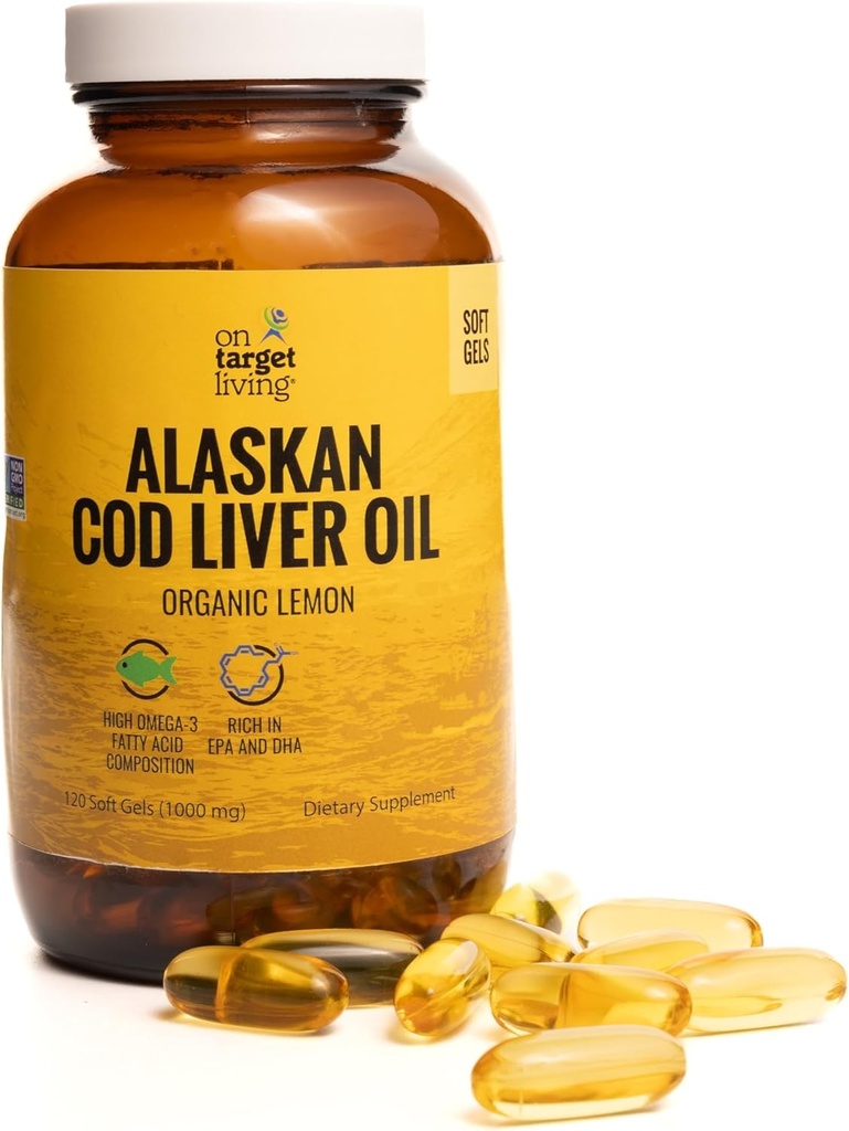 På Target Living Alaska Cod Lever Oil 120 Soft Gels er 124; linje fanget i USA er 124; naturligt occurring D-vitamin er 124; Rig i Omega 3 DHA / EPA