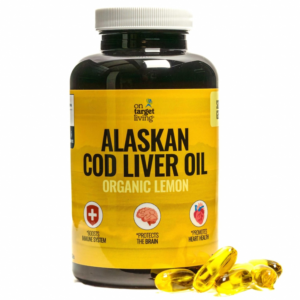 På Target Living Alaska Cod Lever Oil 120 Soft Gels er 124; linje fanget i USA er 124; naturligt occurring D-vitamin er 124; Rig i Omega 3 DHA / EPA