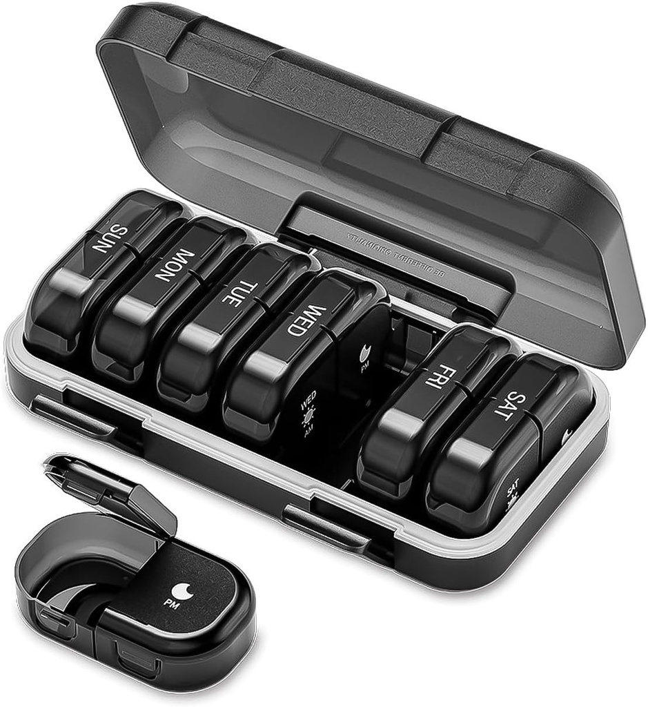 Ugentlig Pill Organizer 2 gange om dagen, AM PM Pill Organizer 7 dage, Portable Pill Case 14 dage, Fugt Bevis Stor Pill Dispenser, Stor rejse Pill Box for vitaminer kosttilskud (sort)