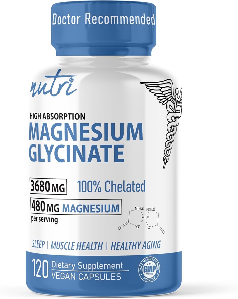 Nature's Fusions Nutri Pure Magnesium Glycinate 3680mg - (Provides 480mg Elemental Magnesium), Chelated for High Absorption, Non-Buffered for Maximum Potency, 120 Capsules