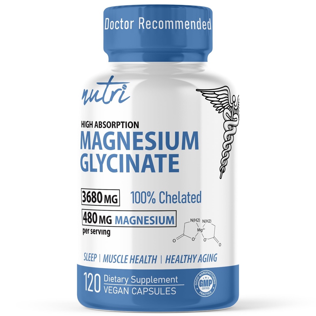 Nature's Fusions Nutri Pure Magnesium Glycinate 3680mg - (Provides 480mg Elemental Magnesium), Chelated for High Absorption, Non-Buffered for Maximum Potency, 120 Capsules