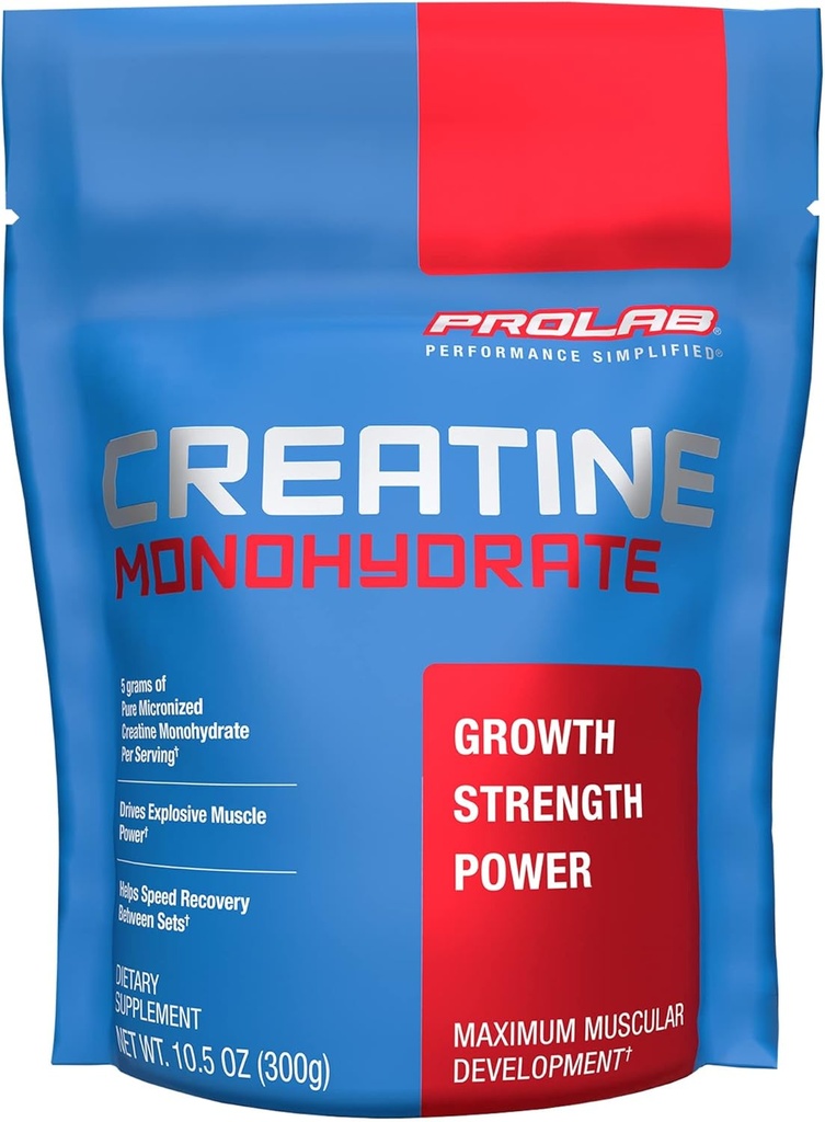 ProLab Nutrition Creatine Monohydrate Micronized Powder, 5G of Pure Creatine for Muscle Strength, Power & Endurance, Fast Absorbing, Unflavored, (300g) (60 Servings)