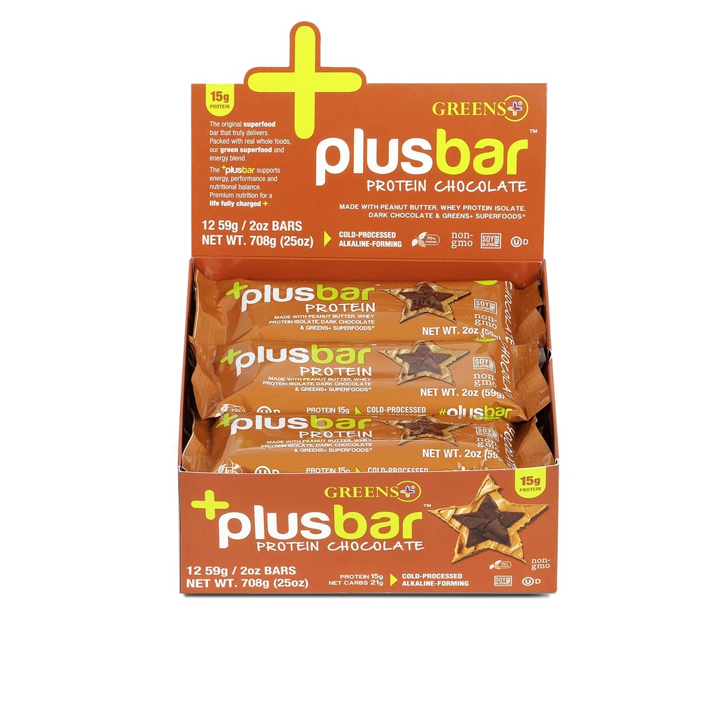 Green + Plusbar Protein, Dark Chocolate, 15g Whey Protein Isolate, Gluten- Free Snack med Organic Super Green & Superfoods, Vegan, Dairy- Free, Non- GMO, Meal Erstatning, 12 Pack