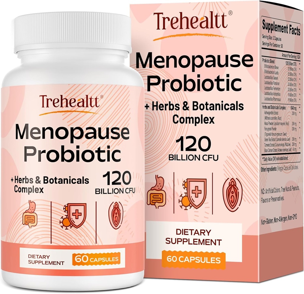 Menopause supplements for women, 120 Billion CFU Probiotic, 13-in-1 Herbs & Botanicals Complex, for Hormone Menopause, Hot Flashes, Night Sweats, Mood Swings, Sleep Disturbances, Vegan, 60 Capsules