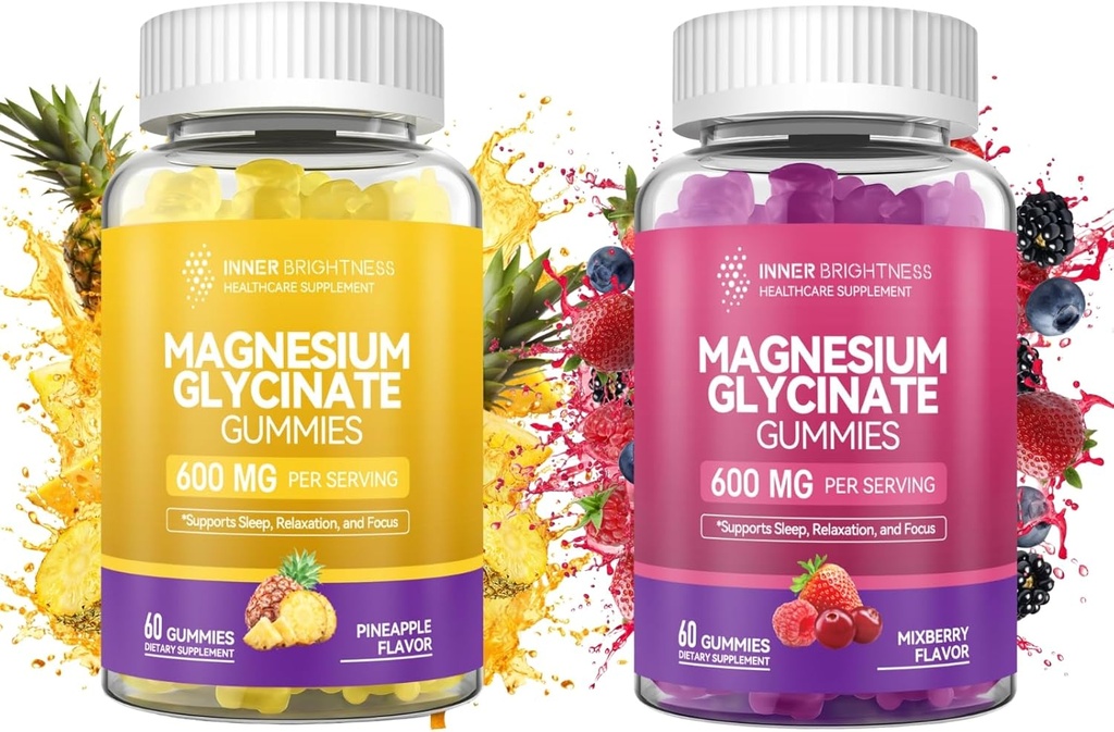 Magnesium Glycinate Gummies - Magnesium Gummies for voksne, for søvn, afslapning & fokus, Non - GMO, Gluten - Gratis, blandet berry og ananas, 120 Greve (60 af hver)