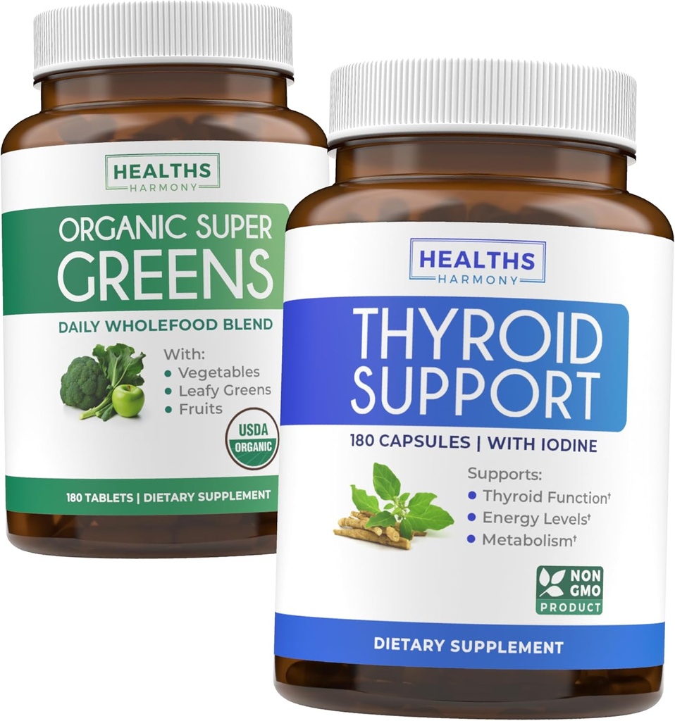 Super green & Thyroid Support (3-måned Supply) Thyroid Vitality Bundle of Organic Super Green Powder - Komplet Superfood (180 kapsler) & Thyroid Support til mænd og kvinder (ikke-GMO) (180 kapsler)