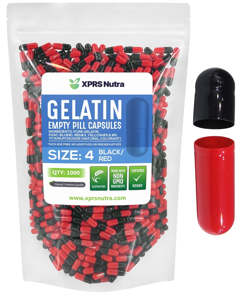 XPRS Nutra Størrelse 4 Tomme kapsler - 1000 Tomme Tomme Gelatine kapsler - Piller gør det - Kapselfyld - Fyldelig Pure Bovin Pill Gel Caps for Do- It- Yourself Kosttilskud (sort / rød)