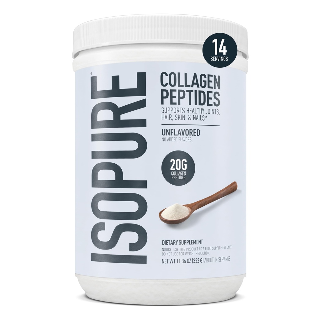 Isopure collagen peptider pulver, fremmer hår, søm, hud og fælles sundhed, med C-vitamin og biotin, Unflavored, 20g collagen peptider Per Servering, 11.36 Oz, 14 Servere (Packaging May Vary)