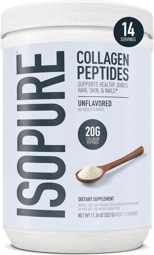 Isopure collagen peptider pulver, fremmer hår, søm, hud og fælles sundhed, med C-vitamin og biotin, Unflavored, 20g collagen peptider Per Servering, 11.36 Oz, 14 Servere (Packaging May Vary)