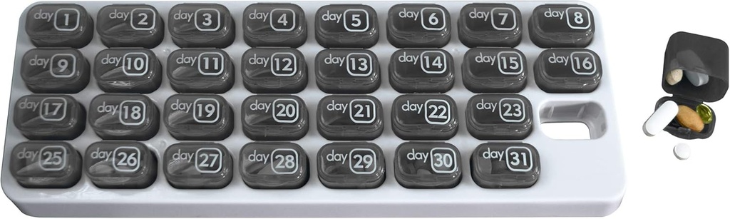 Monthly Med Organizer with 31 Daily Removable Pill Pods for Home, Work, Travel, Numbered Pillboxes for Supplements & Vitamins (Grey)