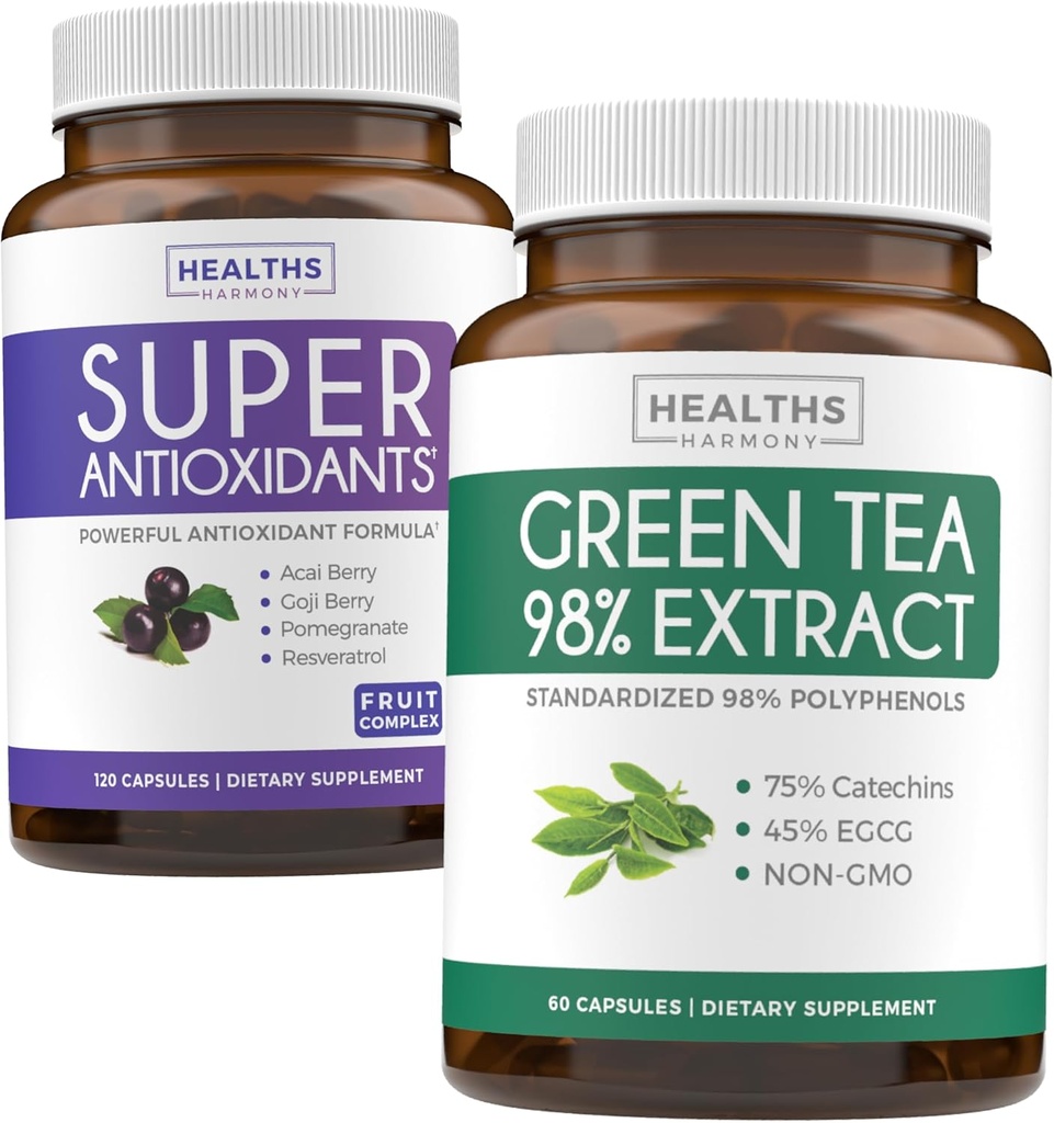 Antioxidanter & Green Tea Extract (1-måned Tilgang) Antioxidant Green Fusion - Super Antioxidanter - Kraftfuld Super Food Daily Blend (120 Caps) & Green Tea Extract med EGCG Polyphenol Catechins (60 Caps)