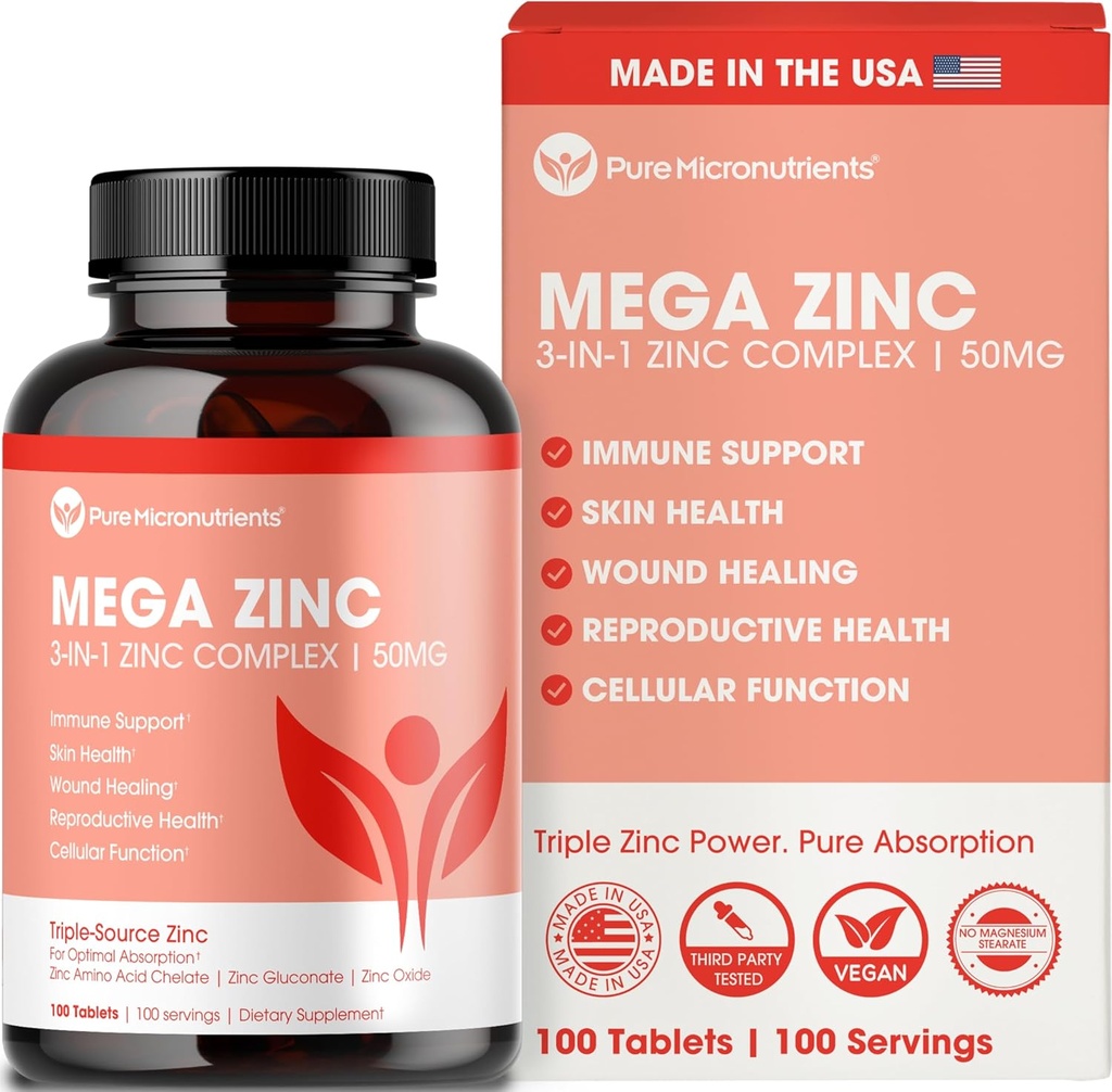Mega Zink supplement, 50mg, 3- in-1 Zinkkompleks, 100 tabletter - Pure Mikronutrients