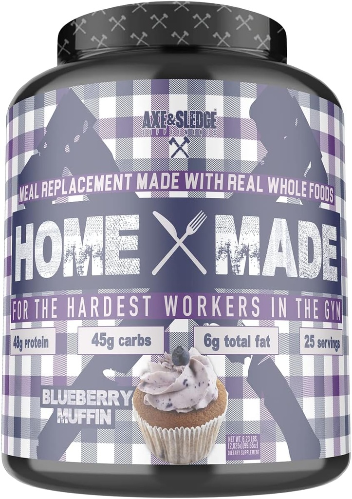 Axe & Sledge Kosttilskud Home Made Whole- Foods-Based Meal Erstatning Powder med fordøjelige enzymer, Protein, Kulhydrater og Fedtstoffer, 25 Servere, Blåbær Muffin