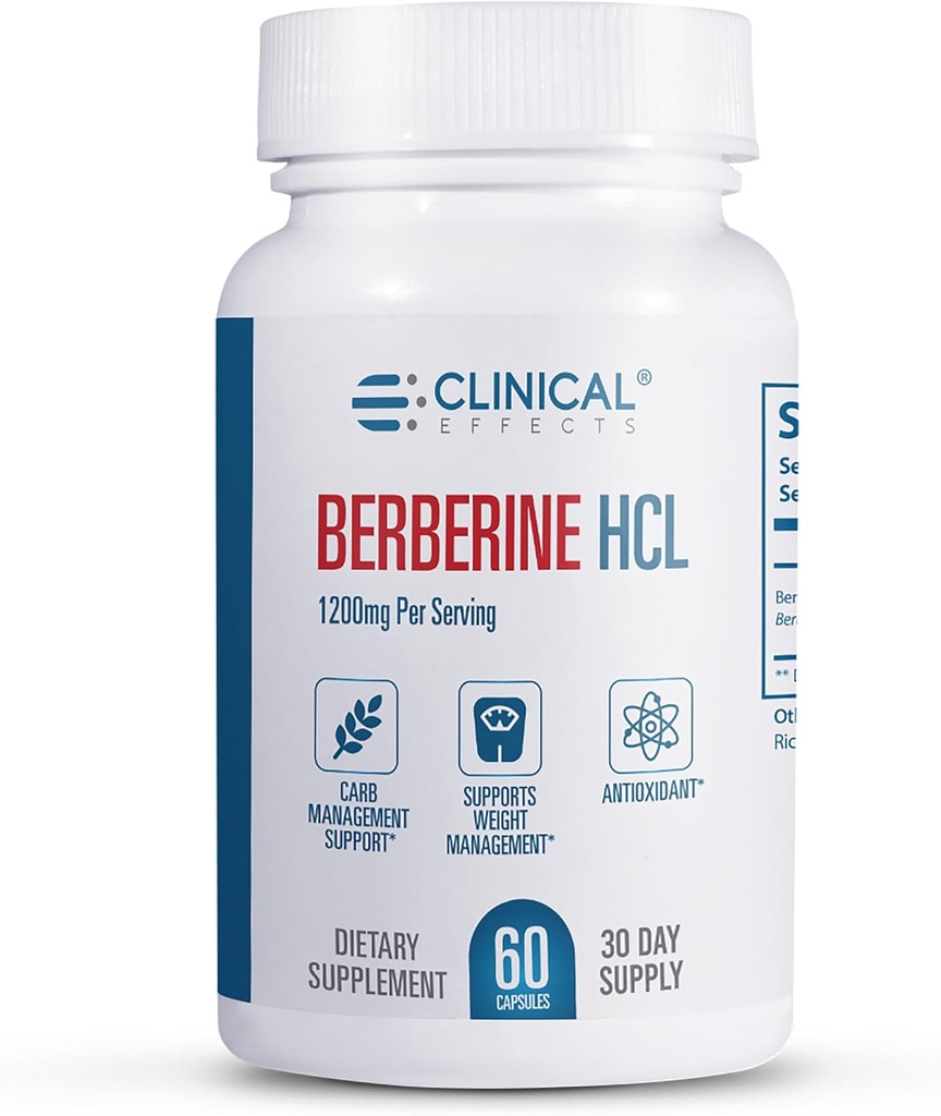 Kliniske effekter Berberine HCL - Pure Berberine 1200mg - Leverstøtte - Vegan Supplement - 60 Veggie Kapsler - Made in The USA