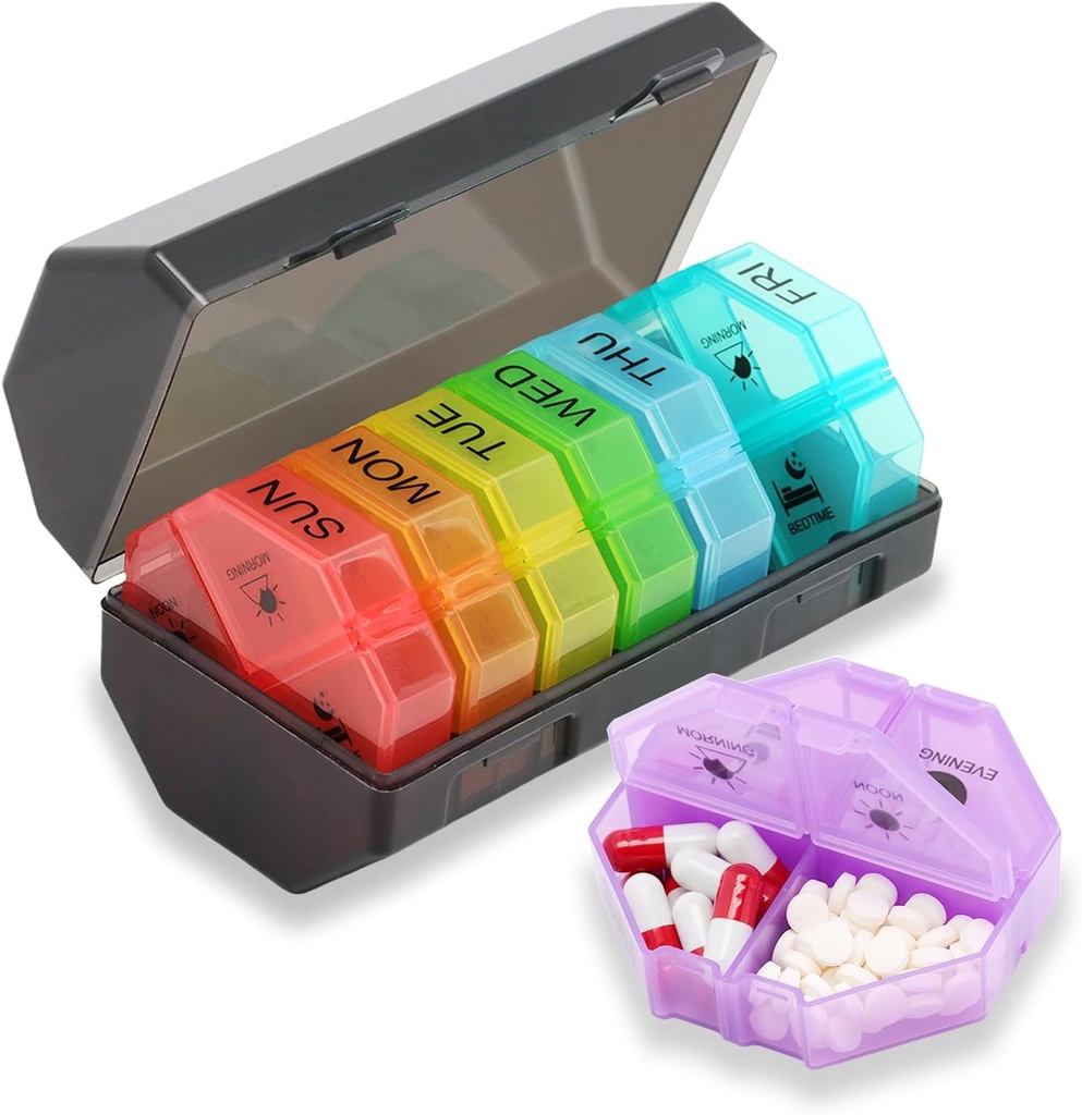 Weekly Pill Organizer and Planner，Pill Case Box Design and Large Compartment, Vitamins, Cod Liver Oil，Supplements and Medication (Gray Rainbow)