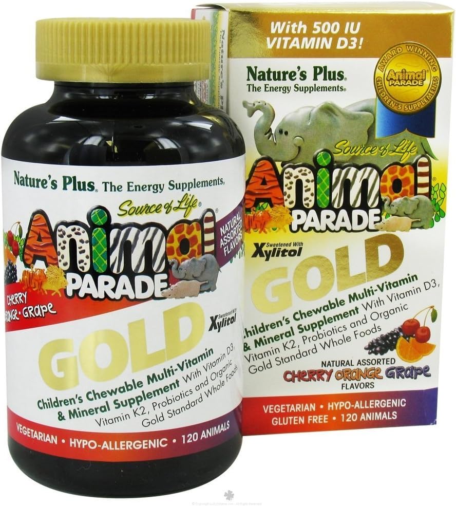 NaturesPlus Animal Parade Gold Children 's Multivitamin - Assorted Cherry, Orange & Grape Flavors - 120 Animal- Shaped Chewable Tablets, Pack of 2 - Vegan, Gluten Free - 120 Total Servering