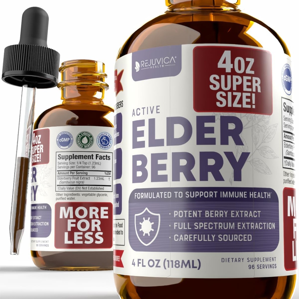 Rejuvica Health Active Elderberry 4oz XL Super Size - Advanced Elderberry Liquid Extract - Immunsupport Drops - Vegan Sugar Free Non GMO tinktur