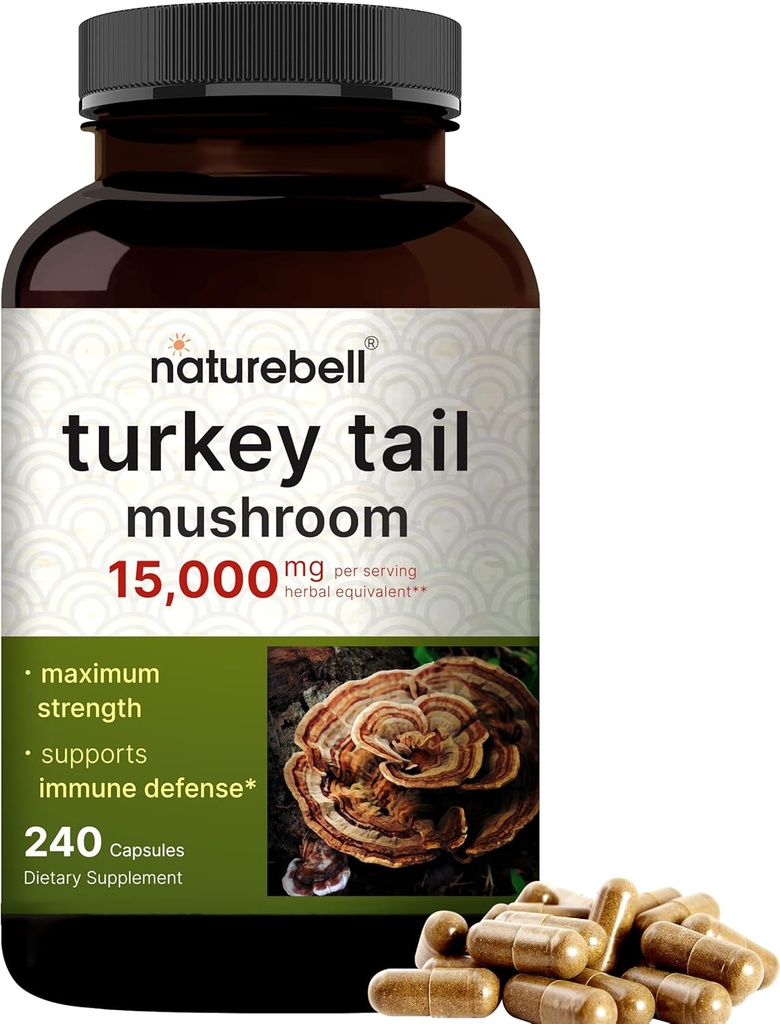 NatureBell Turkey Tail Mushroom Capsules 15,000mg Per Serving, 240 Greve Note 124; 25: 1 Fruiting Body & Mycelium Extract - Immun & Brain Health Mushrooms Supplement