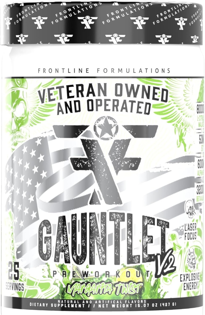 Gauntlet Pre- Workout Powder, Eksplosive workouts, Laser Focus, Mid Stim, Amazing Flavor, Veteran Ejes og drives (25 Servere, Margarita Twist)