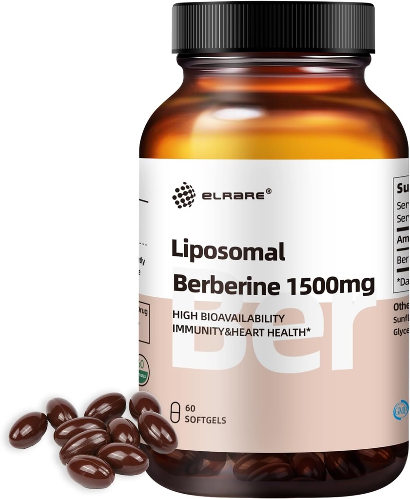 Liposomal Berberine Supplement 1500mg, Liposomal Berberine HCL, High Bioavailability, Support Lever & Heart Health, AMPK Activator for Mænd & Kvinder, Non- GMO, Gluten- Free, 60 Softgels