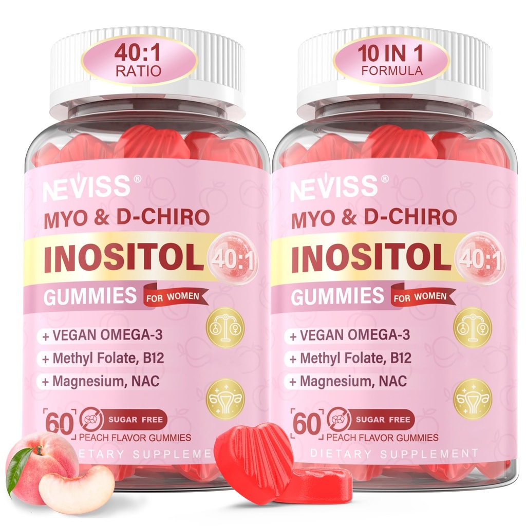 Myo- Inositol & D- Chiro Inositol Gummies for Women 2000mg + 50mg, 40: 1 Ratio Inositol med Vegan Omega-3 + D3, Magnesiumglycinat, methylfolat + B12 for kvinders sundhed og velvære, sukkerfri, 120 Cts