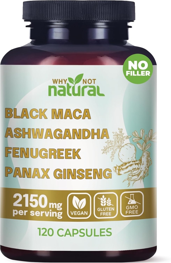 Hvorfor ikke Natural 4-in-1 Organic Black Maca Root, Ashwagandha, Bukkehorn, Panax Ginseng kapsler, supplement til mænd og kvinder