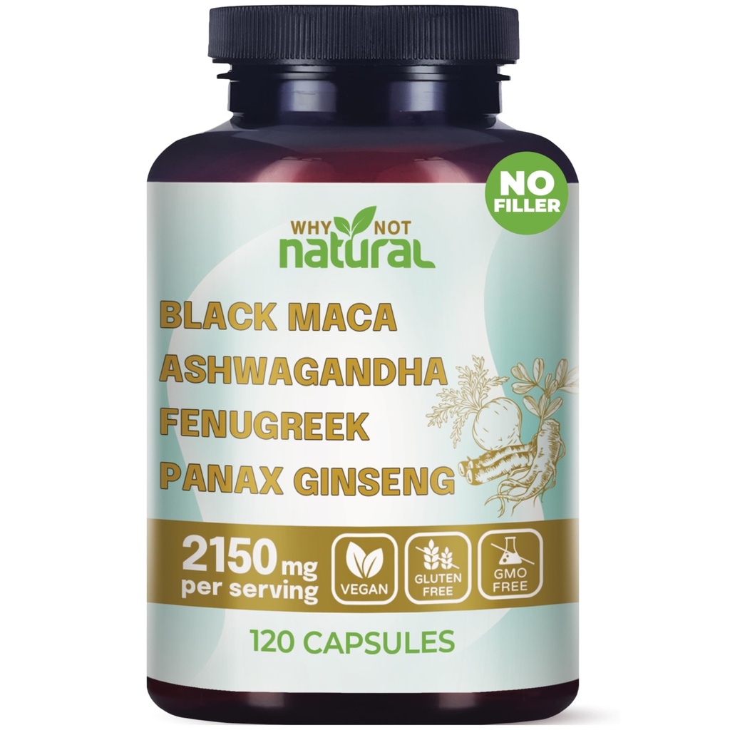 Hvorfor ikke Natural 4-in-1 Organic Black Maca Root, Ashwagandha, Bukkehorn, Panax Ginseng kapsler, supplement til mænd og kvinder
