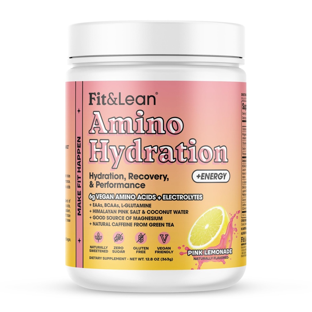 Fit & Lean Amino Hydration Plus Energy, Pre Workout Powder, 6g Vegan Essemtial Aminosyrer, EAA, BCAA, Glutamin, Elektrolyter & Naturlig Koffein, Pink Lemonade, 30 Serve