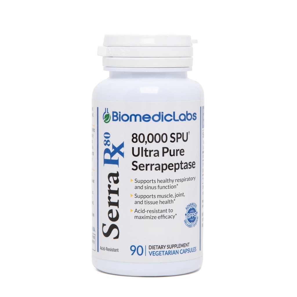 Serra-RX 80.000 SPU Serrapeptase - Acid-resistent Proteolytisk Systemisk Enzyme, Non- GMO, Gluten Free, Vegan, Understøtter Sinus & Lung Health, 90 Veg Kapsler