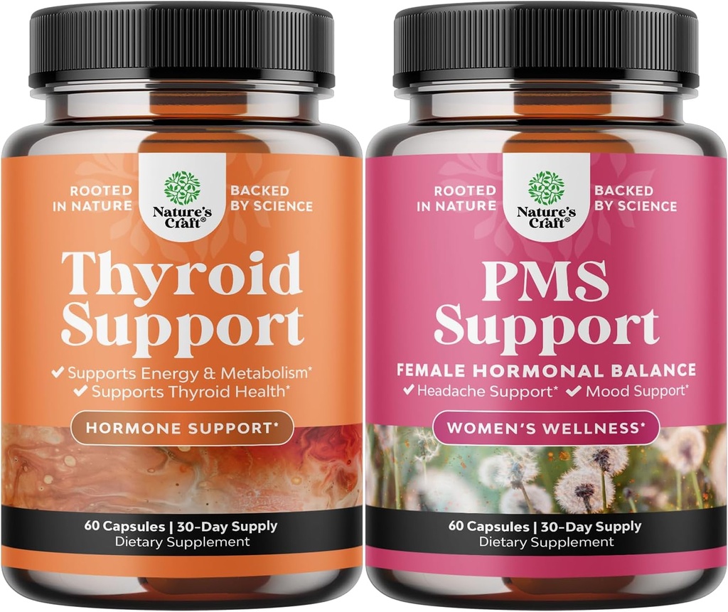 Bundle of Herbal Thyroid Support Complex and Herbal PMS Support Supplement for Women - Mood Enhancer Energy Supplement for Thyroid Health - Feminine Balance Complex with PMS Vitamins for Women