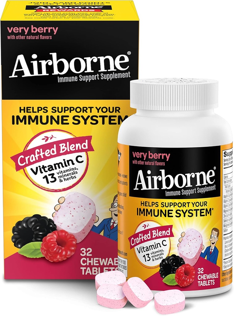 Airborne C 1000mg (per servering) Meget berry tyggetabletter (32 Tæl i en kasse), Glutenfri immunsupport supplement, med Vitamin A C E, ZINC, Selenium, Echinacea & Ingefær, Antioxidanter