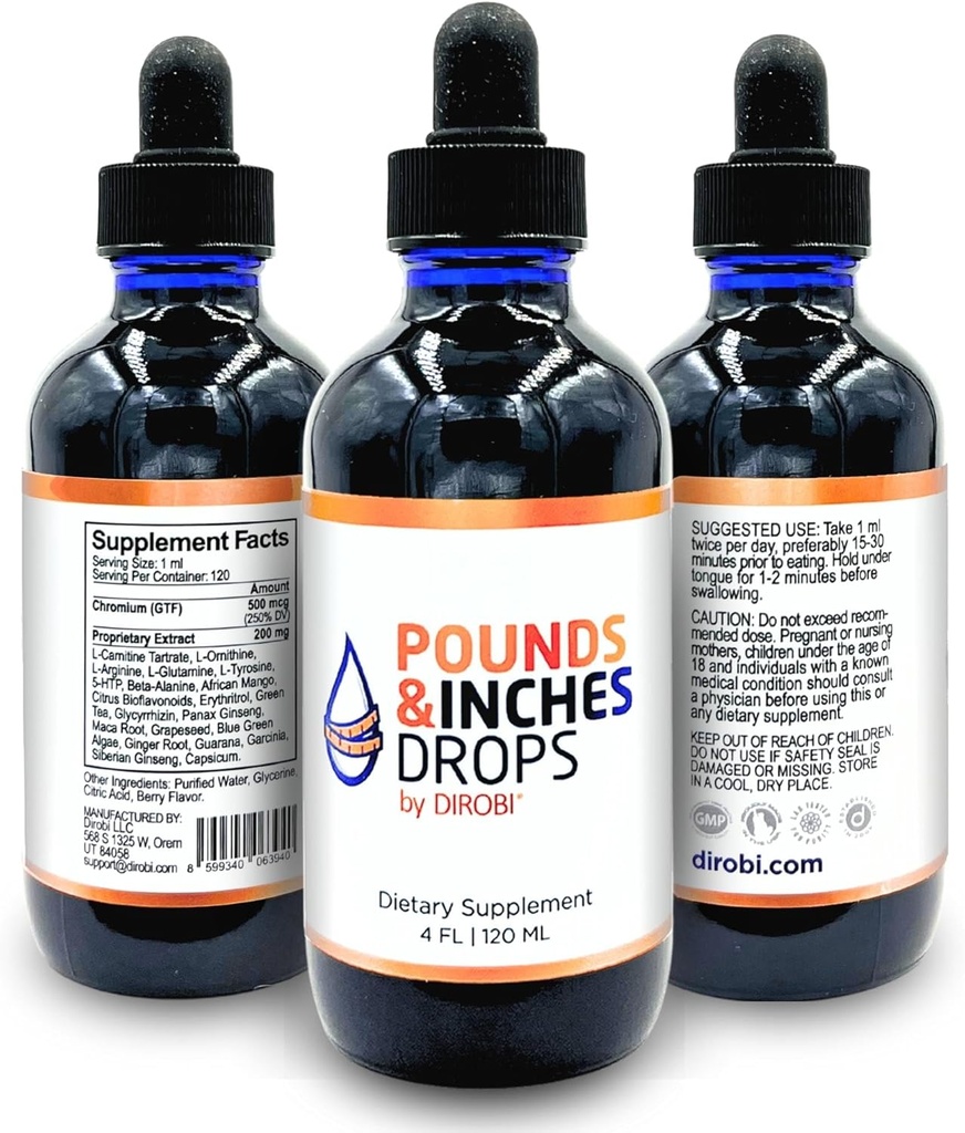 Dirobi Pounds and Inches Vægt Management Drops, Flydende supplement til kvinder og mænd, Diet- Pill Alternativ med lækker blåbær Flavor
