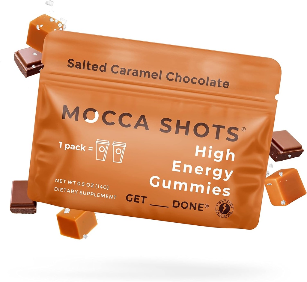SGC Højeste koncentration 100mg koffein pr Gummy, 2 Gummies pr Pack, 12- Pack Mocca Shots Saltede Caramel Plant- baseret nootrope Instant Energy med Ginkgo biloba, Theobromin.