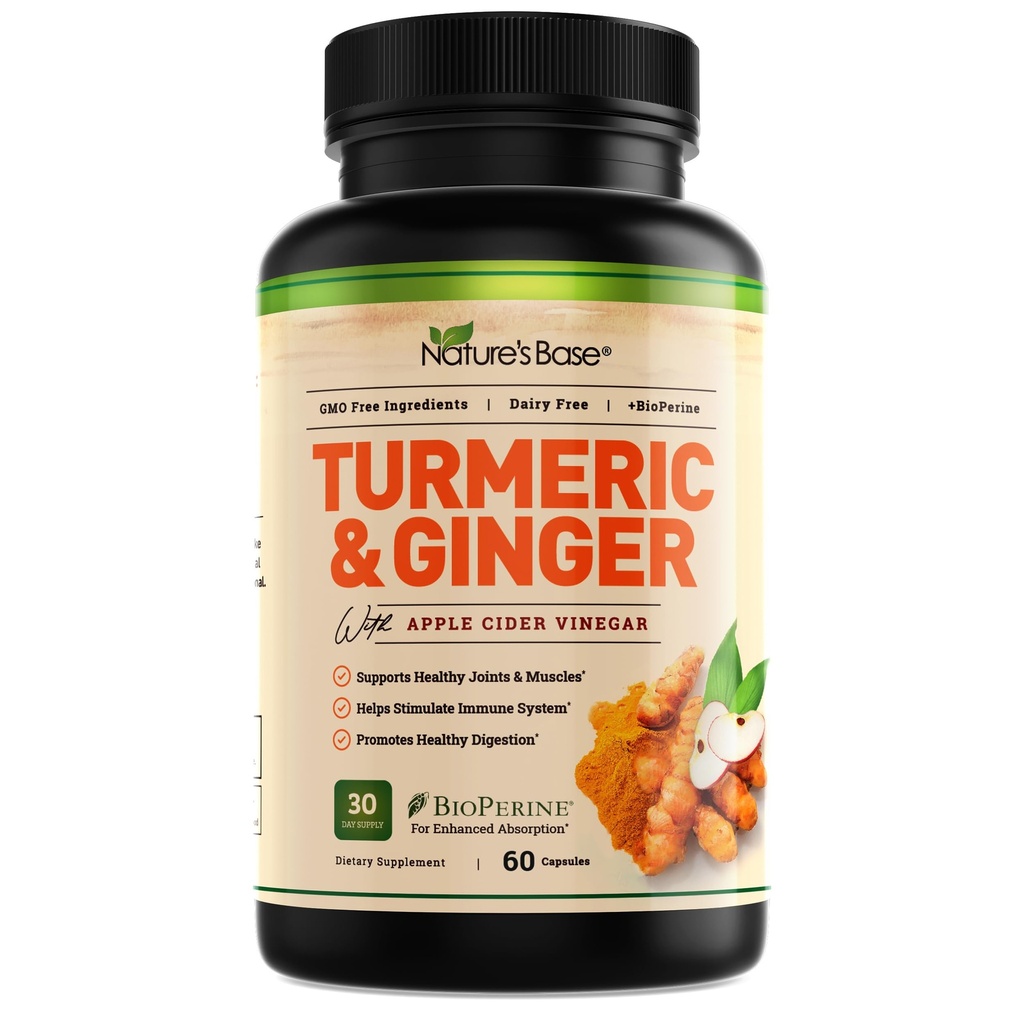 Nature 's Base Gurkemeje og Ingefær Supplement - med Curcumin, Apple Cider Vincipes & BioPerine Black Pepper Extract - 95% Curcuminoider - 60 kapsler