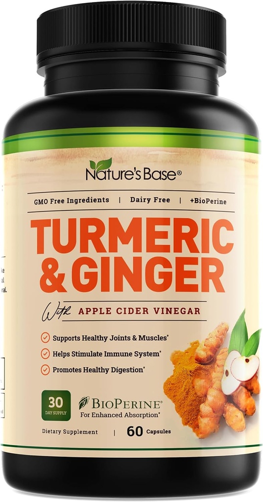Nature 's Base Gurkemeje og Ingefær Supplement - med Curcumin, Apple Cider Vincipes & BioPerine Black Pepper Extract - 95% Curcuminoider - 60 kapsler