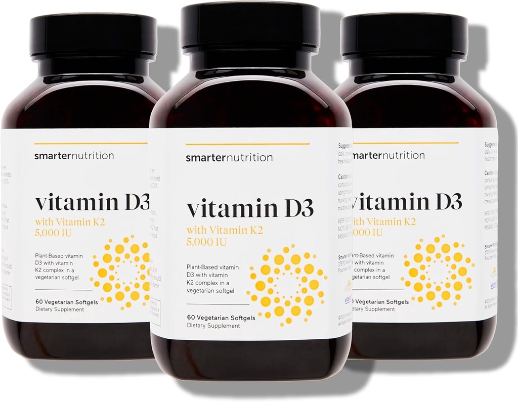 SMARTERNUTRITION Vegan Vitamin D3 5000 IE + Natural Vitamin K2 1100 mcg in Organic Coconut & Olive Oil - D3 K2 Supplement til immun- og benstøtte - 180 Softgels [90 Day Supply]