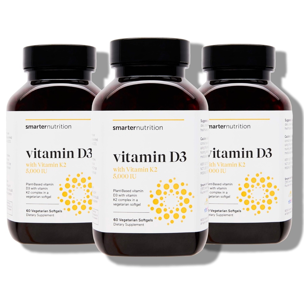 SMARTERNUTRITION Vegan Vitamin D3 5000 IE + Natural Vitamin K2 1100 mcg in Organic Coconut & Olive Oil - D3 K2 Supplement til immun- og benstøtte - 180 Softgels [90 Day Supply]