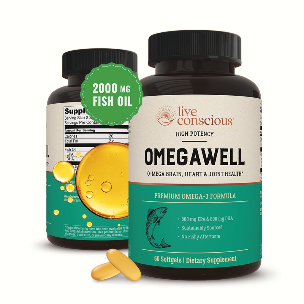 Live Bevidsthed Omega 3 Fish Oil - 2000mg kapsler: hjerte, hjerne, & fælles støtte - 800 mg EPA 600 mg DHA - bæredygtigt sourced - Softgels - 30 dages forsyning