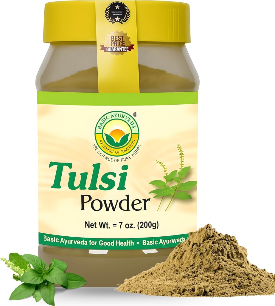 BASIC AYURVEDA Tulsi Powder – 7.05 Oz (200g) | Holy Basil Leaf Powder for Tea, Skin Care & Hair | Supports Detox, Natural Energy, Daily Balance | Non-GMO, Vegan, Gluten-Free