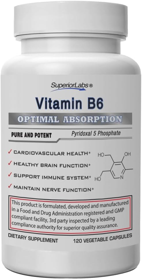 Superior Labs Vitamin B6 50mg, Pure Non- GMO supplement, Høj Absorption, understøtter immunforsvar & nervesystem, hjerne funktion, Metabolisme og hjerte sundhed, Essential for hæmoglobin produktion, 120 Veg Caps