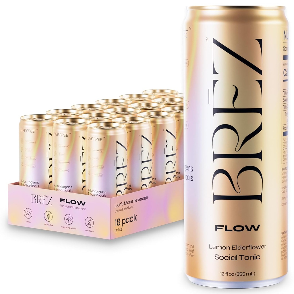 BREZ FLOW Lions Mane Mushroom Drink, 18- Pack, Ikke-Infunded, Adaptogens, Lempelse, Opløftning, og Social, Sparkling Lemon Elderflower Tonic 12 Fl oz